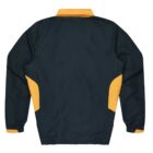 A dark green jacket with long sleeves and a yellow collar, cuffs, and side panels. The back is shown, highlighting the contrasting yellow accents on the sides and sleeves.