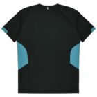 Back view of a short-sleeve, dark-colored athletic shirt with light blue accent panels on the sides. The shirt has a simple design with no visible logos or patterns.