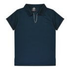 Dark blue polo shirt with a v-notch at the collar, short sleeves, and a subtle contrast trim along the edges of the collar and sleeves. The shirt is laid flat against a plain background, displaying its tailored design.