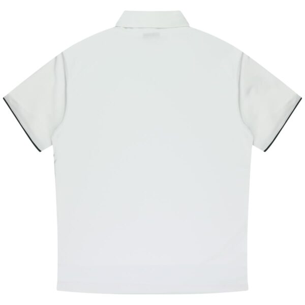 A plain white short-sleeve polo shirt is shown from the back. The shirt has a classic collar and a simple design without any visible logos or patterns. The fabric appears smooth and light.