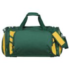 A green duffel bag with yellow accents. It features multiple zippered compartments, including a large front pocket, and has both a shoulder strap and two hand straps for carrying.