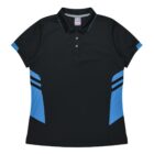 A black polo shirt with short sleeves featuring light blue accents on the sides and sleeve ends. The shirt has a three-button placket and a contrasting thin blue trim on the collar.