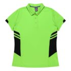 A bright green polo shirt with short sleeves, featuring black side panels and black stripes on the sleeves. The shirt has a collar and a three-button placket.