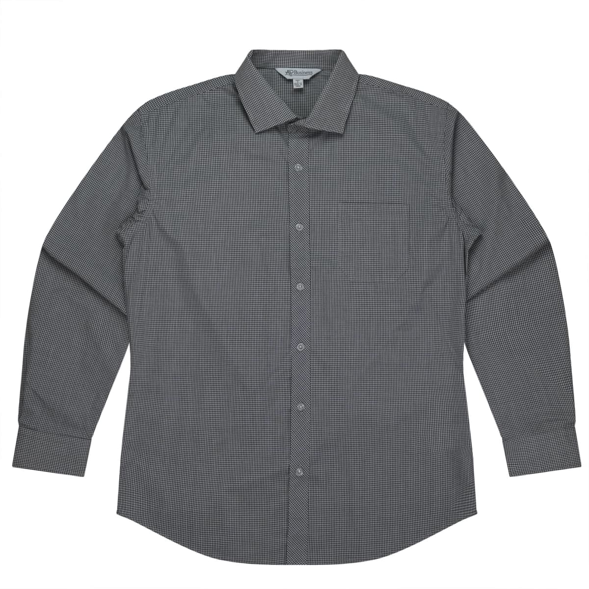 A gray long-sleeve button-up shirt featuring a small checkered pattern. The shirt has a classic collar and a chest pocket on the left side. It is laid flat against a white background.