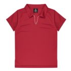 A red short-sleeve polo shirt with a distinctive v-neck opening and a simple collar. The shirt is laid flat against a plain white background.