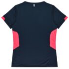 A navy blue short-sleeve athletic shirt featuring bright pink panels on the sides, viewed from the back.