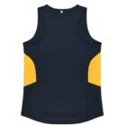 A sleeveless navy blue athletic tank top with yellow side panels is displayed against a plain white background. The tank top features a round neck and a straight hem.