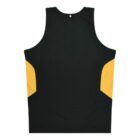 A sleeveless athletic jersey in black with yellow panels on the sides, displayed against a white background. The design is simple, with a racerback style and no visible logos or patterns.