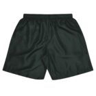 A pair of dark green satin shorts with an elastic waistband, displayed against a plain background.