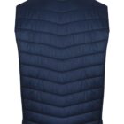 A navy blue quilted vest viewed from the back, featuring a high collar and horizontal stitching. The vest has a sleek and padded design, suggesting warmth and style.