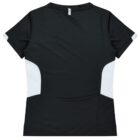 Back view of a short-sleeve sports shirt featuring a black base with white side panels and sleeve accents. The shirt appears to be made of a lightweight, breathable fabric, suitable for athletic activities.