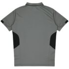 The image shows a gray short-sleeve polo shirt with a collar. The back has black side panels near the bottom. The shirt is laid flat on a white background.