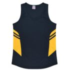 A sleeveless, black athletic tank top with yellow geometric side panels and horizontal yellow stripes. The top has a V-neck design and is laid flat against a plain background.