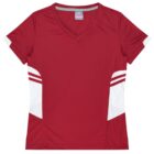 Red short-sleeve V-neck athletic shirt with white side panels and two horizontal white stripes on each side. The design is simple and sporty, suitable for casual or athletic wear.