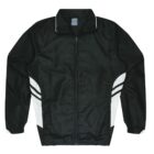 A black jacket with white accents on the sides and cuffs. It features a front zipper and a high collar.