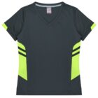 A short-sleeved athletic shirt with a V-neck design. It is dark gray with bright yellow-green accents and two black horizontal stripes on the sides. The shirt appears to be made of a lightweight, breathable fabric.