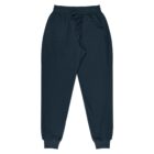 A pair of dark blue sweatpants with an elastic waistband and drawstring, featuring side pockets and ribbed ankle cuffs. The sweatpants are laid flat on a white background.