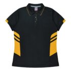 A black polo shirt with short sleeves featuring yellow accents and stripes on the sides. The shirt has a three-button collar.