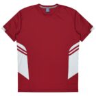 A red short-sleeve sports jersey with white geometric patterns on the sides and sleeve accents. The fabric appears lightweight and breathable, suitable for athletic activities. The neckline is round.