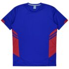 A blue athletic t-shirt with red accents on the sides and sleeves, featuring a simple and sporty design.