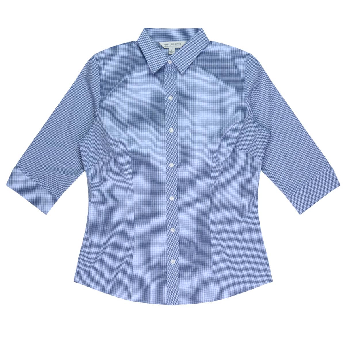 A blue, checkered womens shirt with three-quarter length sleeves and white buttons, laid flat against a white background. The shirt features a collar and a fitted design.