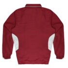 A red jacket displayed with the back facing forward. It has white accents along the sides and cuffs, and features elastic cuffs and a collar. The material appears smooth and slightly shiny.