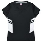 A black athletic shirt with a V-neck and short sleeves. It features white geometric design accents on the sides and horizontal white stripes on the sleeves and side panels. The shirt is displayed on a plain white background.
