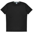 A black short-sleeve athletic shirt with subtle mesh panels for ventilation. The shirt is laid flat, showcasing its design with a round neckline.