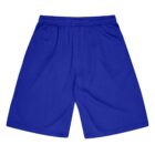 Blue athletic shorts with an elastic waistband, laid flat against a white background.