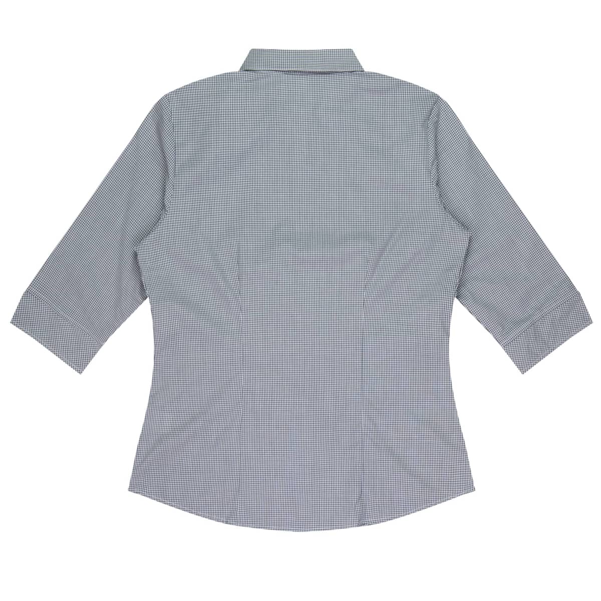 A gray checkered womens blouse with three-quarter sleeves and a collar, displayed on a plain white background.