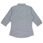 A gray womens button-up shirt with a subtle checkered pattern, featuring three-quarter length sleeves, a collared neckline, and a tailored fit. The shirt is displayed flat and seen from the back.