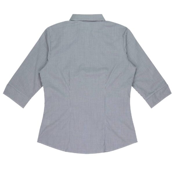 A gray womens button-up shirt with a subtle checkered pattern, featuring three-quarter length sleeves, a collared neckline, and a tailored fit. The shirt is displayed flat and seen from the back.