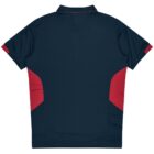 A dark blue short-sleeve shirt with a collar and red accents on the sides and sleeves, viewed from the back against a white background.