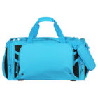 Blue sports duffel bag with multiple compartments and black accents. It features a large front pocket, side compartments, and double handles.