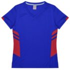 A blue athletic T-shirt with a V-neck design. It features red panels and stripes on the sides, adding contrast to the overall look. The shirt appears to be designed for sports or active wear.