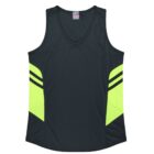A black sleeveless athletic shirt with V-neck design. It features bright neon yellow panels on the sides and two black stripes on each panel.