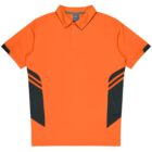 An orange short-sleeve polo shirt with black accents on the shoulders and sides. The shirt features a three-button placket and a black collar trim.