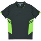 A black polo shirt with bright green accents on the shoulders and side panels. It features a collar, short sleeves, and a three-button placket. The design includes two black stripes on the green side panels.