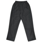Black track pants with an elastic waistband are displayed against a white background. They have a simple, straight-leg design with zippered pockets on the sides.