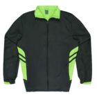 A dark green jacket with a neon green collar and side accents. It features a zip closure, two front pockets, and has long sleeves with elastic cuffs. Two diagonal stripe designs are present on each side.