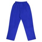 Bright blue pants with an elastic waistband, laid flat on a white background. The pants have a simple design with straight legs.