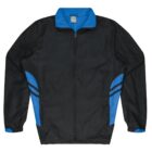 A black and blue sports jacket with a high collar, front zipper, and elastic cuffs. The jacket features blue accents on the sides and shoulders, with two black stripes on the blue areas near the waist.