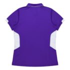 A short-sleeved, purple sports polo shirt featuring a white collar and white side panels, displayed on a plain white background. The shirt is laid flat with the back facing up.