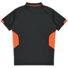 A dark green polo shirt with a collar and short sleeves. The shirt has vibrant orange panels on each side and on the underside of the sleeves, creating a sporty and modern look. The back of the shirt is shown in the image.