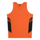 An orange sleeveless athletic shirt with black diagonal stripes on the sides. The shirt has a round neckline and a small blue tag inside. The fabric appears smooth and lightweight, designed for sports or casual wear.
