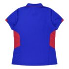Back view of a short-sleeve, royal blue polo shirt with red side panels and red accents on the sleeves.