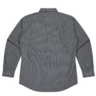 The image shows a long-sleeve, button-up shirt made from a gray, checkered fabric. The shirt is laid flat with the back facing up, showcasing its collar, two side pleats, and buttoned cuffs.