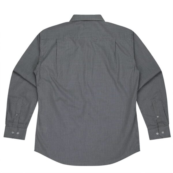 A long-sleeved, checkered button-up shirt in black and white, laid flat on a plain white background. The shirt is viewed from the back, showing its folded collar and buttoned cuffs.