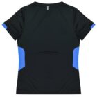 A black short-sleeve athletic shirt is laid flat, viewed from the back. It features blue side panels under the sleeves, adding a contrasting color accent. The fabric appears smooth and fitted, suitable for sports or casual wear.