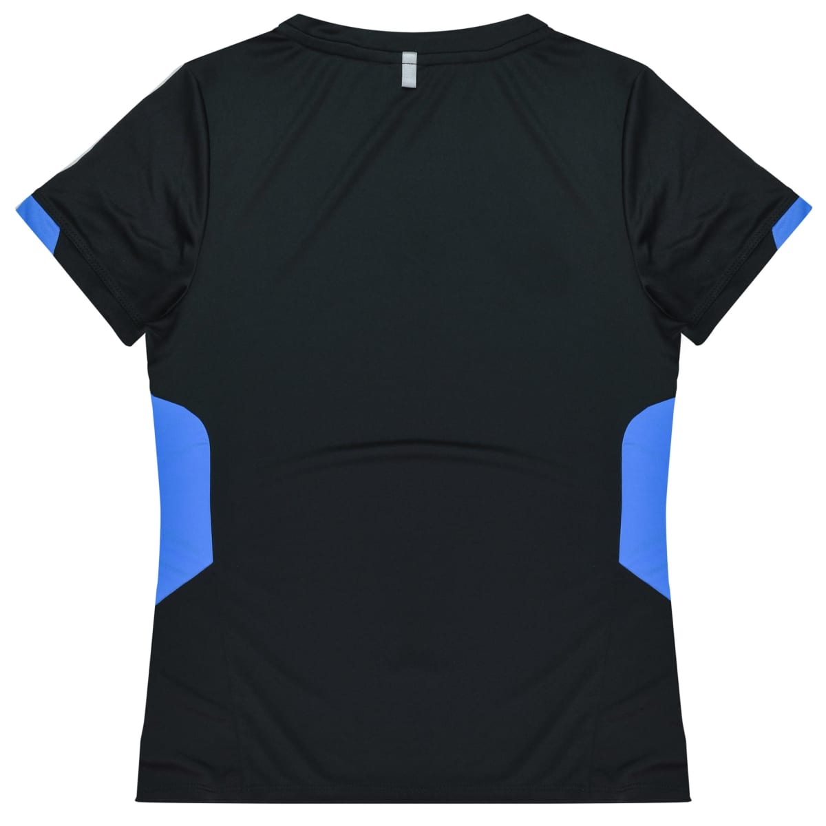 A black short-sleeve athletic shirt is laid flat, viewed from the back. It features blue side panels under the sleeves, adding a contrasting color accent. The fabric appears smooth and fitted, suitable for sports or casual wear.